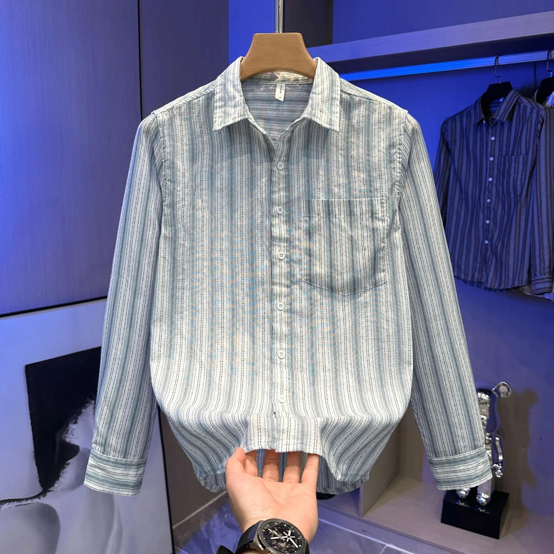 时尚潮流男装日系清新条纹长袖衬衫休闲百搭文艺青年帅气慵懒衬衣