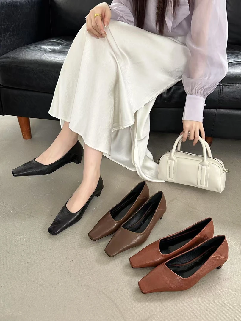 春季858-1法式软底方头鞋子跟鞋奶奶鞋气质百搭复古粗跟浅口低跟