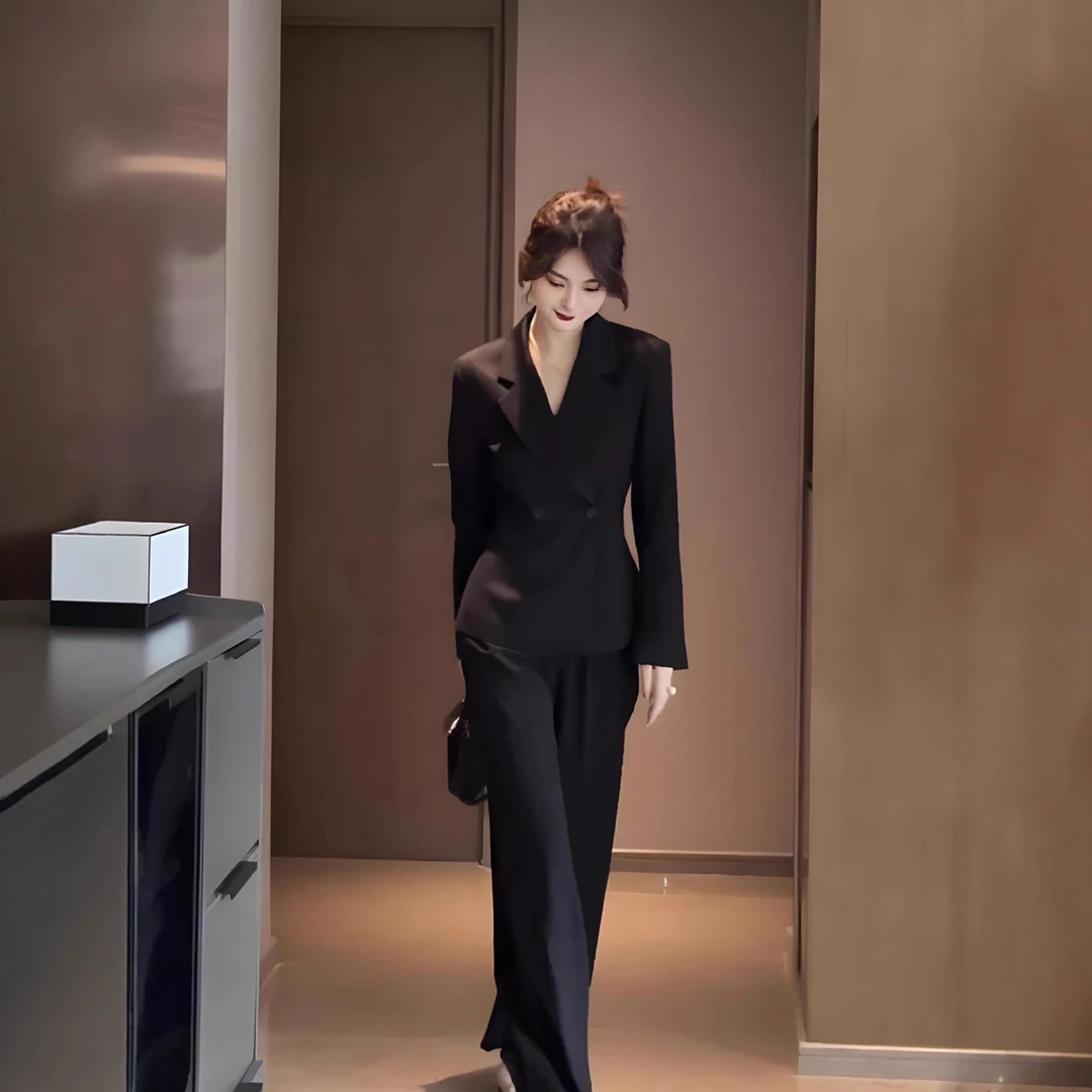 新款大码女装胖妹mm两件套职业装显瘦时尚小个子黑色正装西装套装