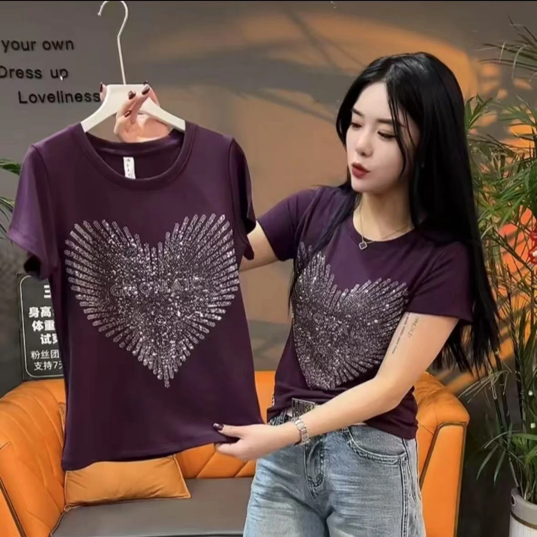 重工爱心烫钻高弹显瘦打底衫上衣2025夏季针织圆领正肩T恤
