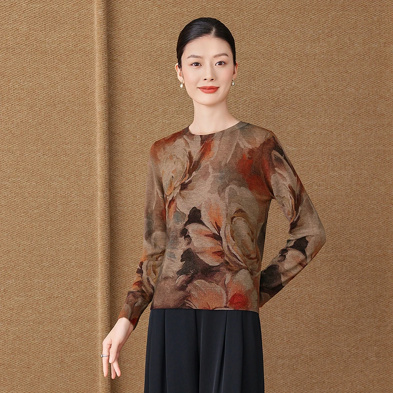 齐黛品牌长袖打底衫女可外穿2025秋季新款羊毛内搭上衣印花针织衫