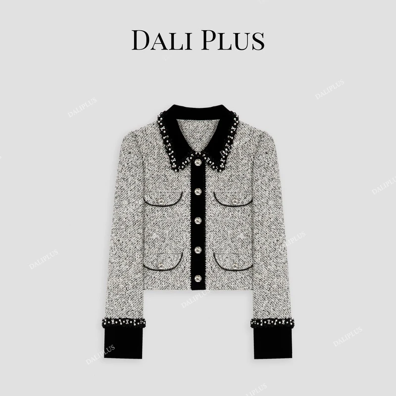 DALI PLUS高定撞色丝绒复古翻领钉珠小香风粗花呢外套-D4JJ0055