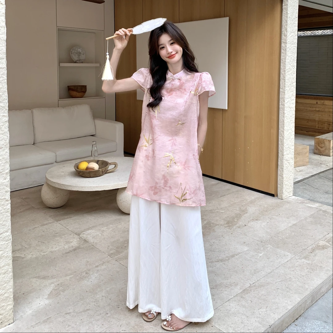 新中式国风印花改良旗袍套装女2025夏季穿搭绝美休闲阔腿裤两件套