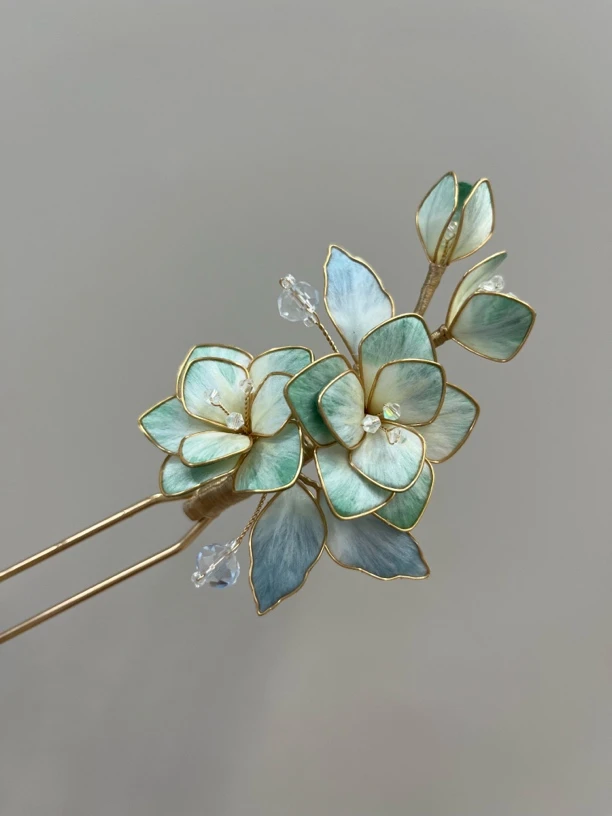 闫颜非遗蚕丝绒花纯手工制作超仙百搭蓝色简约发簪发夹发饰头饰