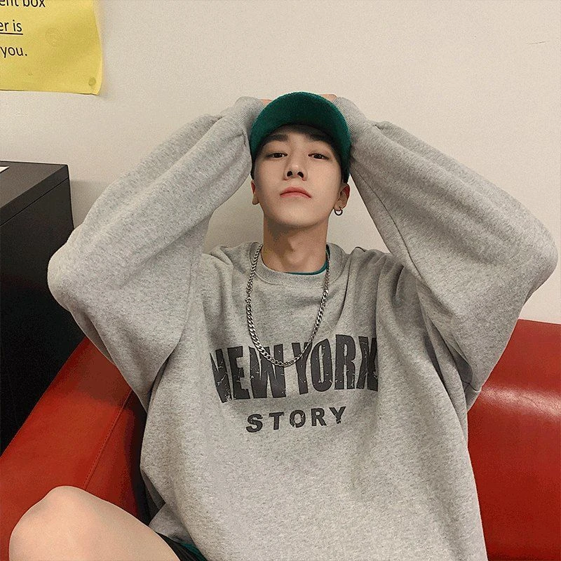 特大码300斤新款印花圆领卫衣男新款港风宽松潮牌秋冬款加绒外套