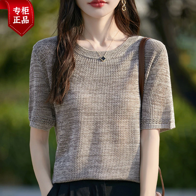 哥弟阿玛施正品棉+桑蚕丝复古短袖T恤女花纱宽松洋气上衣精纺薄款