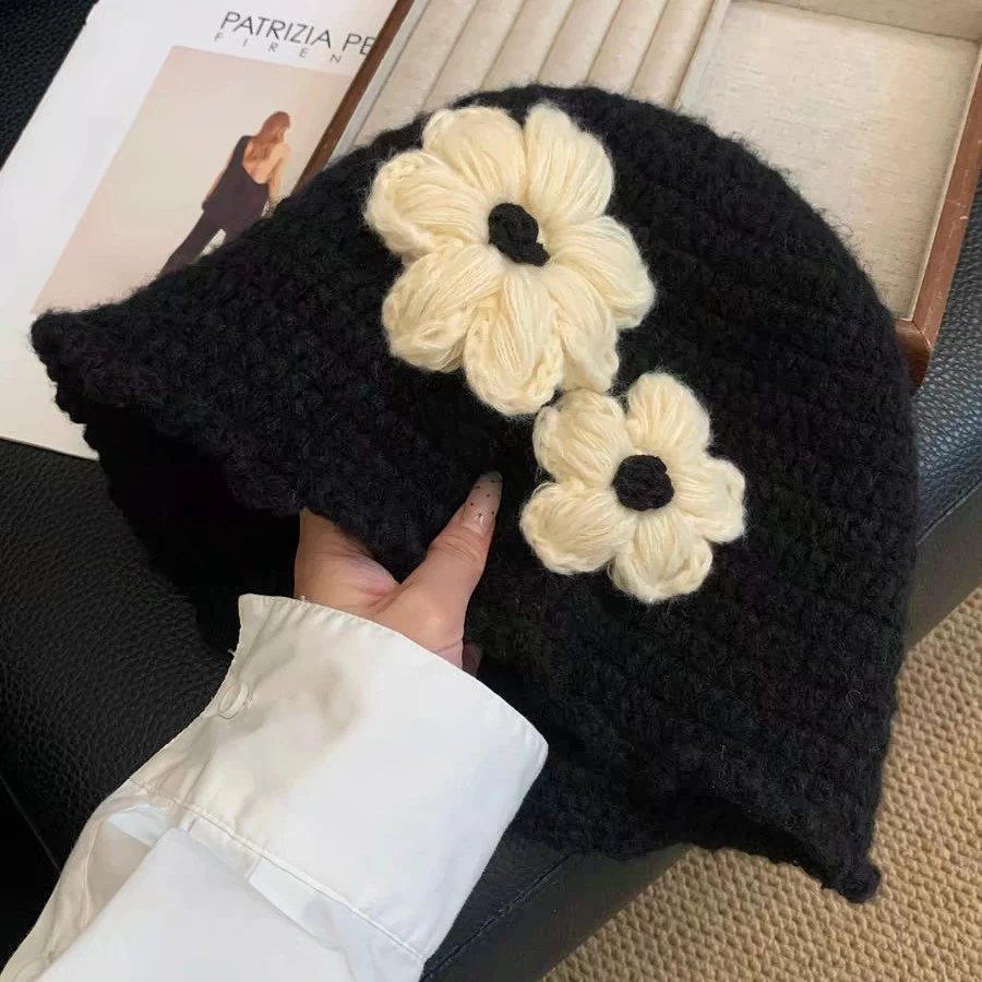 千金风甜美可爱手工针织花朵盆帽女小众设计款百搭显帽子女秋冬