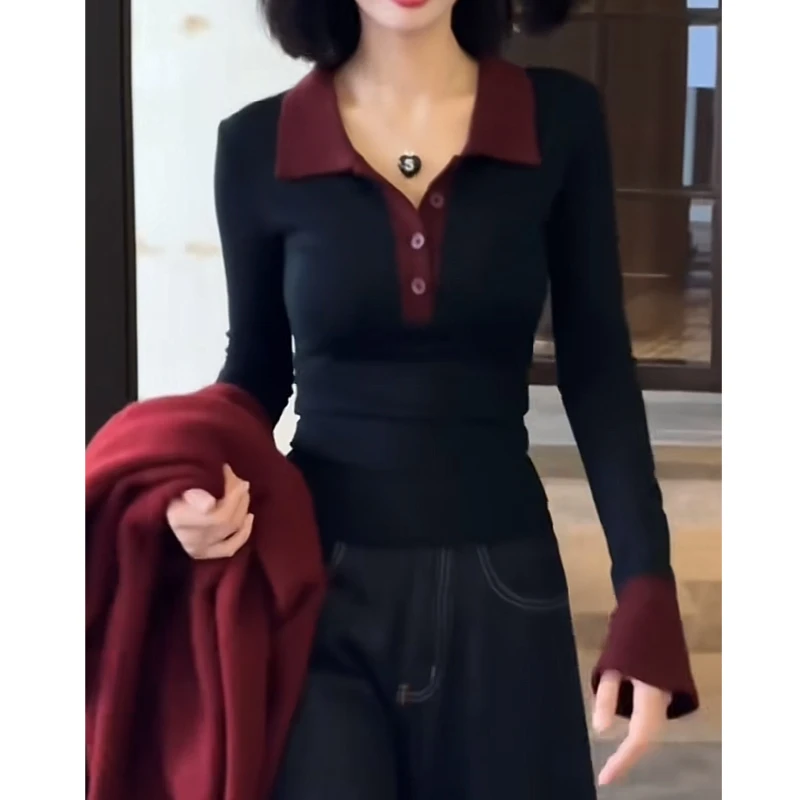 polo领设计感长袖打底衫女秋冬修身T恤内搭外穿气质撞色纽扣上衣