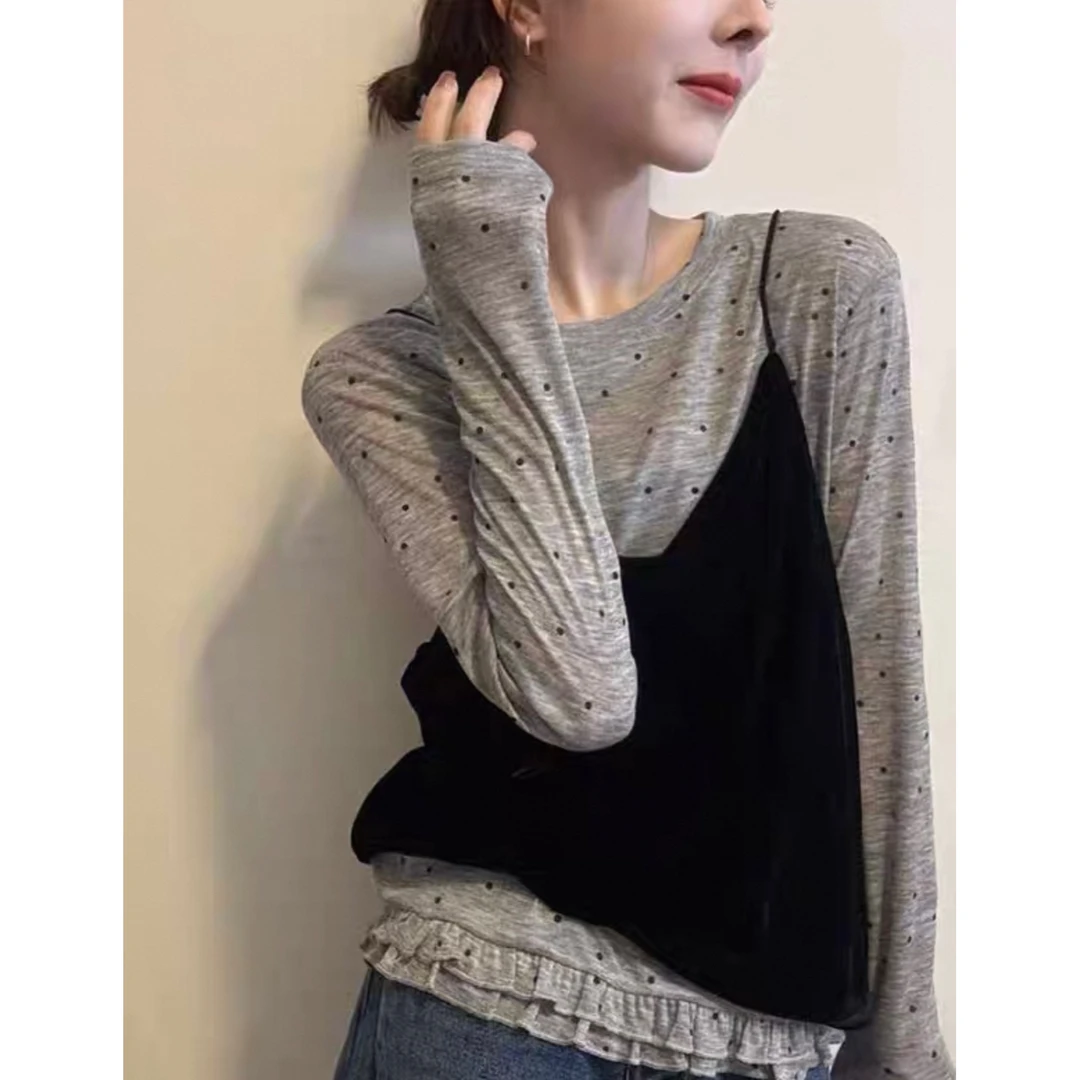 【婷婷家】小个子秋季波点T恤+丝绒吊带两件套#8999