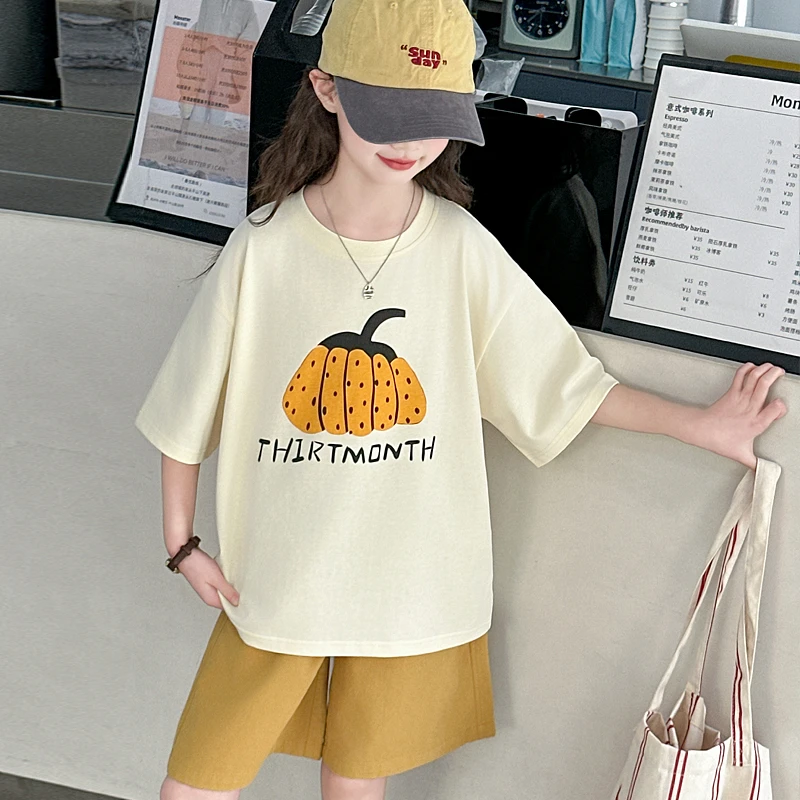 女童套装儿童运动时尚南瓜印花T恤短裤两件套夏季3-15岁休闲百搭