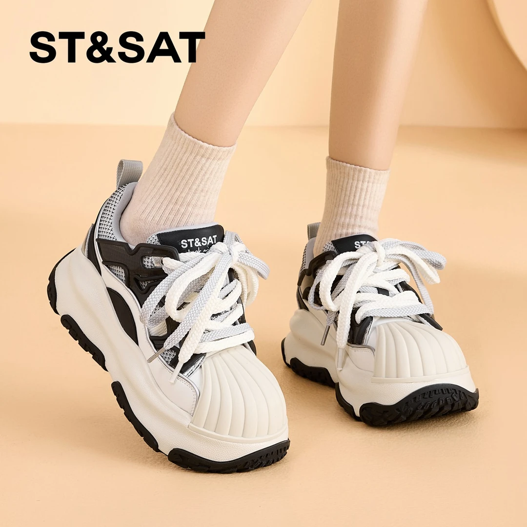 星期六厚底运动休闲鞋女2025夏季新款贝壳头面包鞋百搭透气老爹鞋