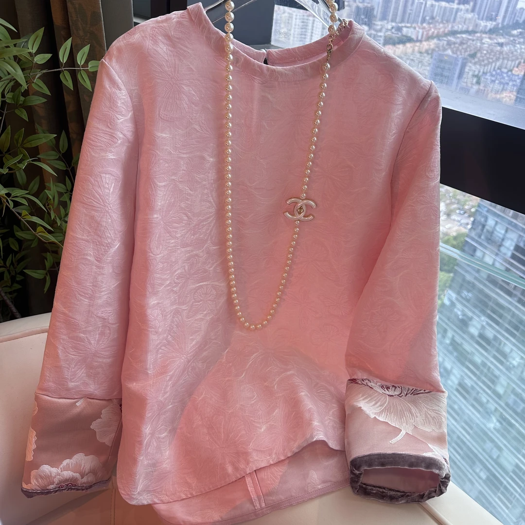 《深圳佐漫》Q 0306  粉蝶   新中式气质百搭蝴蝶织花圆领衬衫