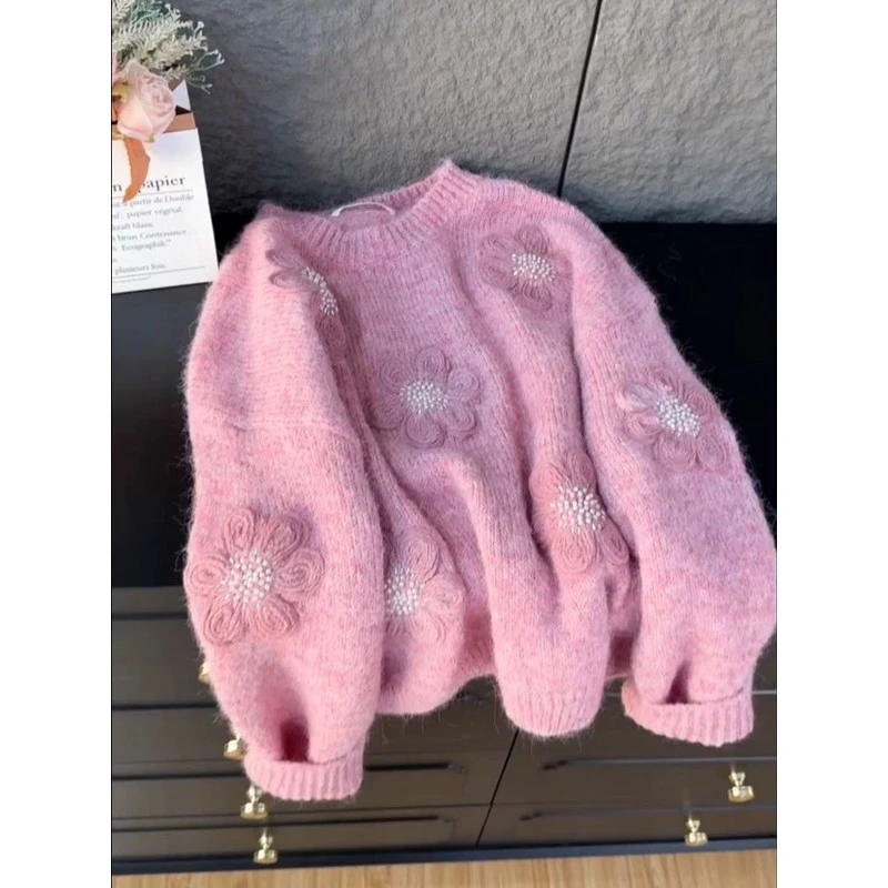 钉珠立体花朵针织衫上衣女2025冬季新款软糯圆领毛衣宽松长袖上衣