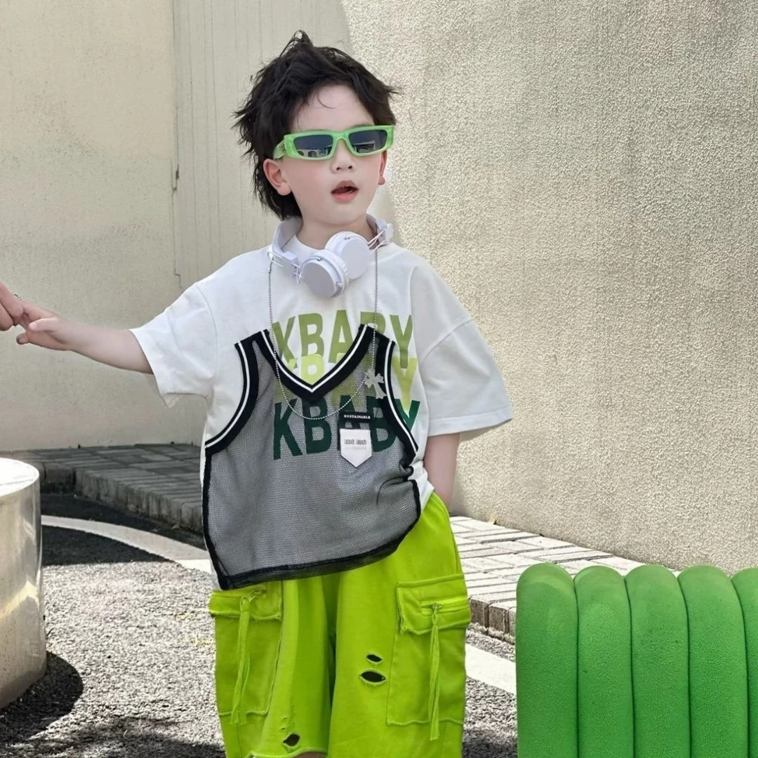 男童套装2025夏季新款韩版洋气短袖儿童工装卫裤幼儿园两件套潮酷