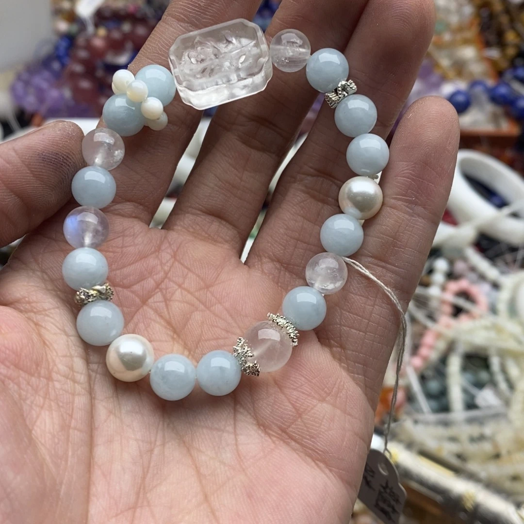 玛瑙/玉髓未镶嵌珠宝半成品一条白水晶花牌海蓝宝蓝月光手链