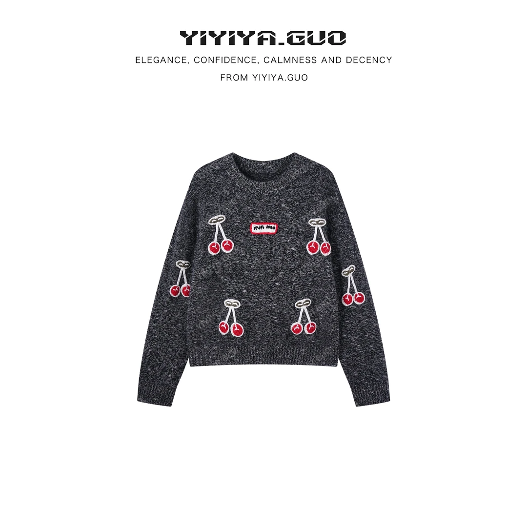 yiyiya.Guo艺艺吖新款韩版圆领刺绣针织落肩长袖毛衣090125SS52