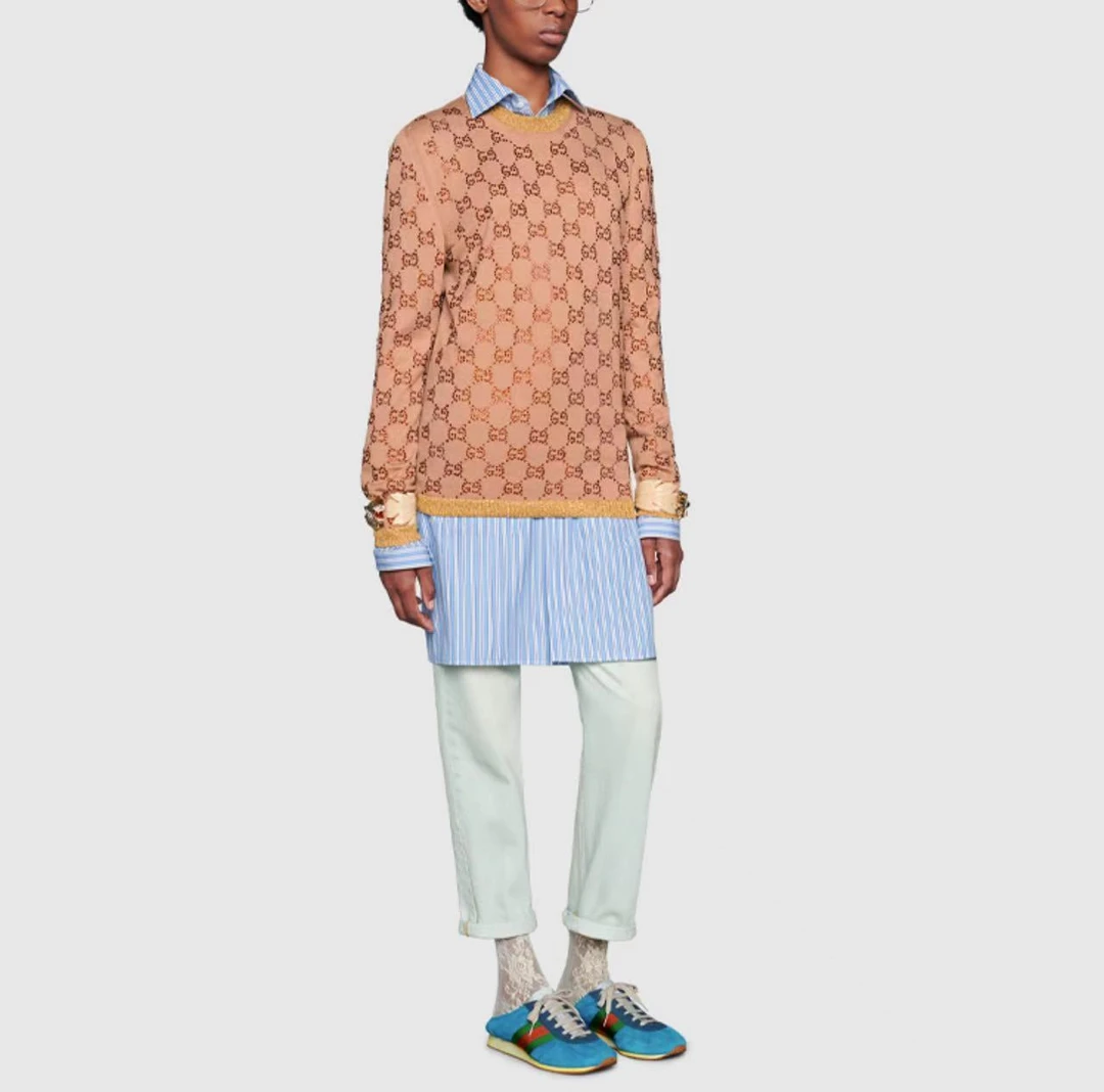 99新 GUCCI/古驰 葡萄籽奢潮/满钻老花经典卡其色打底衫/S码