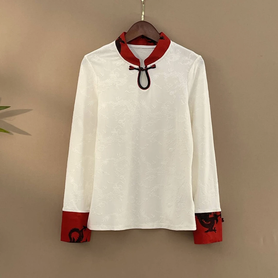 【沐柔】2024新款秋冬打底衫女新中式国风绣花半高领长袖T恤衫