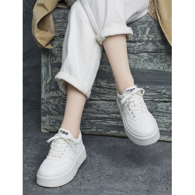 2025春季新款真皮圆头英伦风系带平跟休闲厚底休闲小白鞋