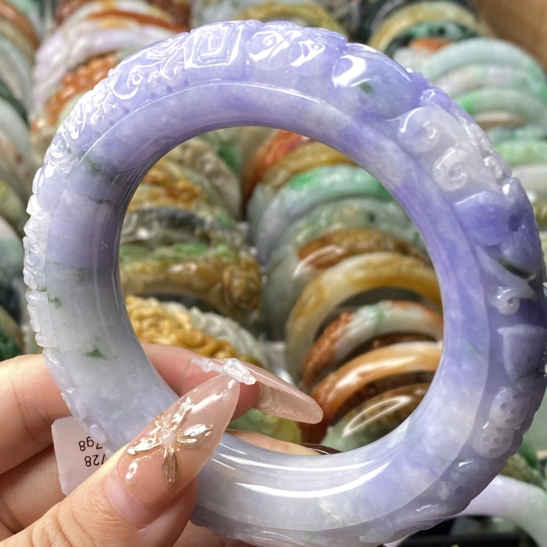 59大胖圆条紫罗兰雕花手镯翡翠