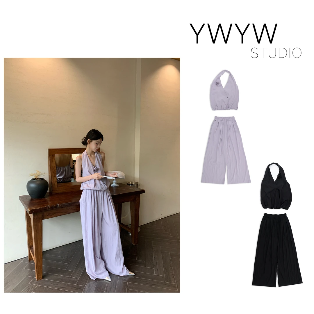 【YWYW25S/S】配饰挂脖一体吊带上衣+宽松休闲阔腿休闲裤套装5083