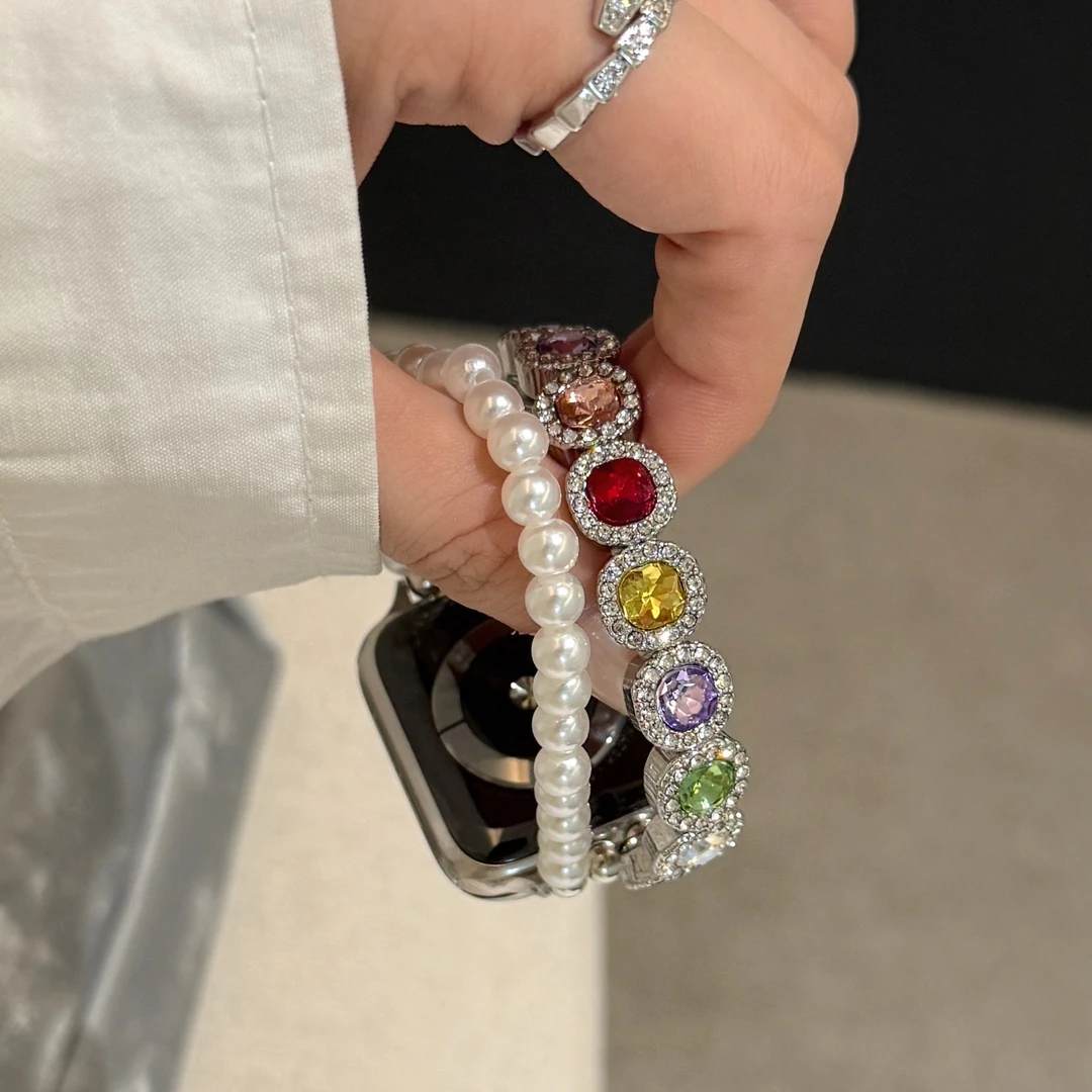 适用苹果手表appleWatchS9高级7女SE珍珠SE圆钻华子S8弹力S10表带