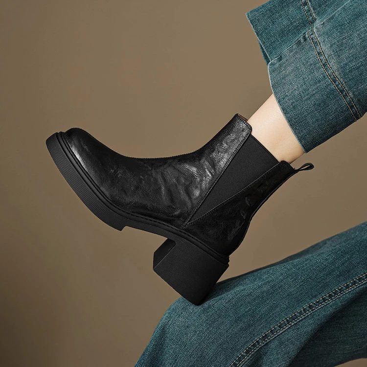 头层羊皮6.5cm～圆头厚底弹力短靴百搭马丁靴高跟秋冬粗跟女时装靴