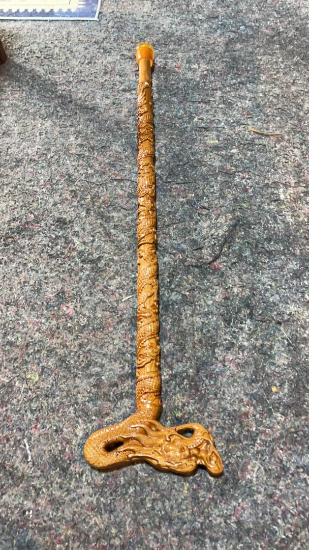 手工艺、桃木雕龙拐杖