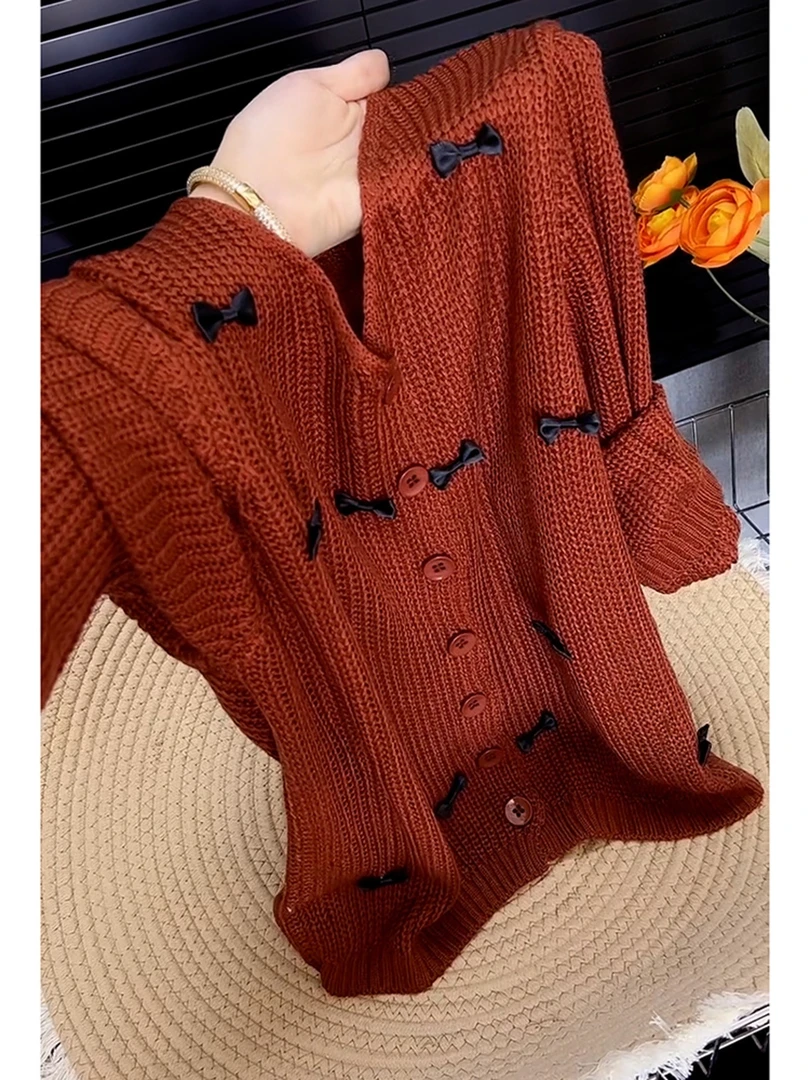 今年流行秋季超好看复古软糯慵懒风上衣高级感橘红蝴蝶结针织衫女