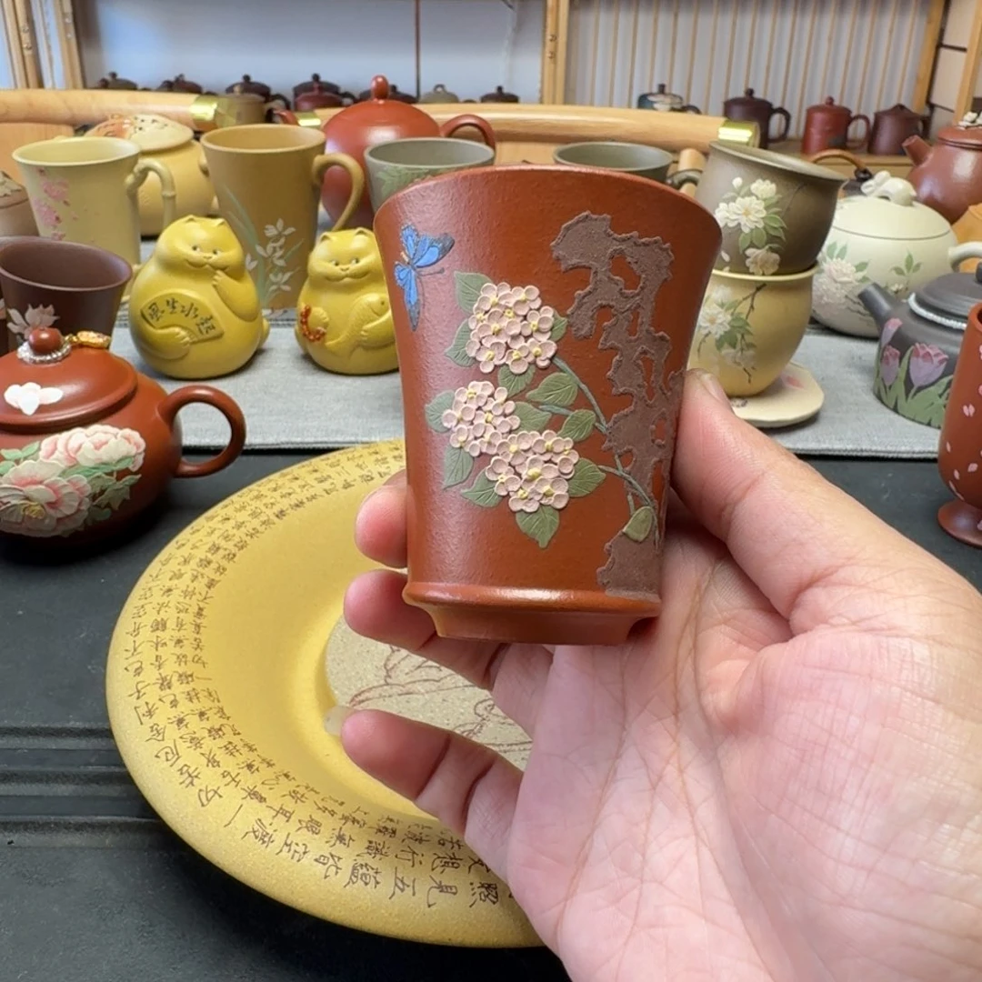 茶壶紫砂绣球花朱泥