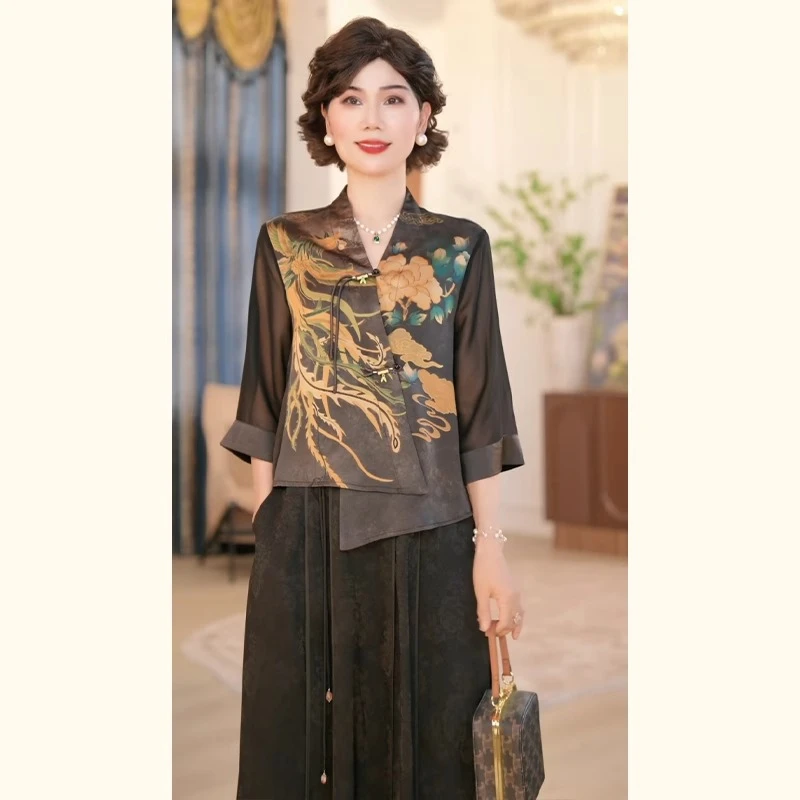 中年妈妈夏装国风小衫套装2025新款洋气质中老年女装新中式两件套