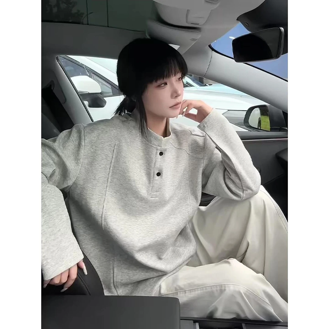 亨利领正肩卫衣男秋季cleanfit美式解构拼接设计感长袖T恤打底衫