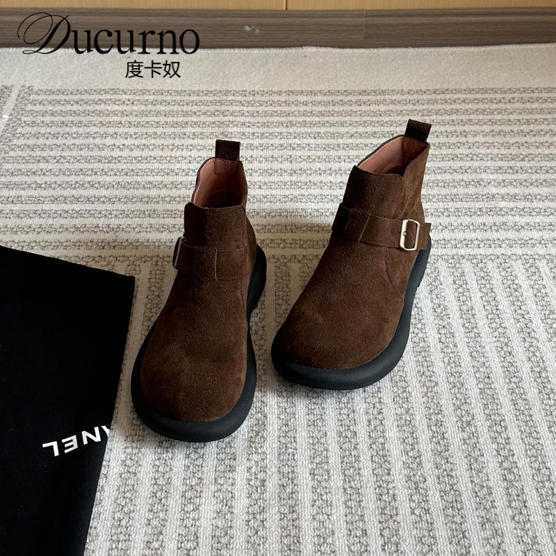 度卡奴厚底短靴女春秋单短筒及裸靴圆头覆古英伦风马丁靴休闲靴子