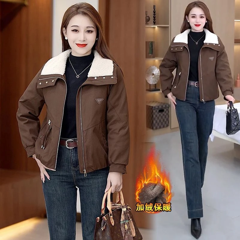 加绒加厚短款外套保暖毛领2025秋冬时尚休闲翻领派克棉服