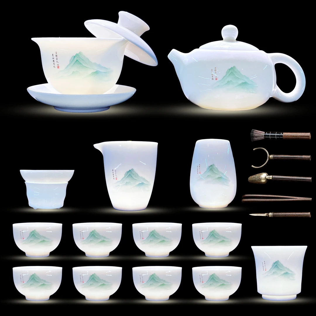 【玄致】羊脂玉瓷又见青山陶瓷茶具套装六君子功夫茶具整套