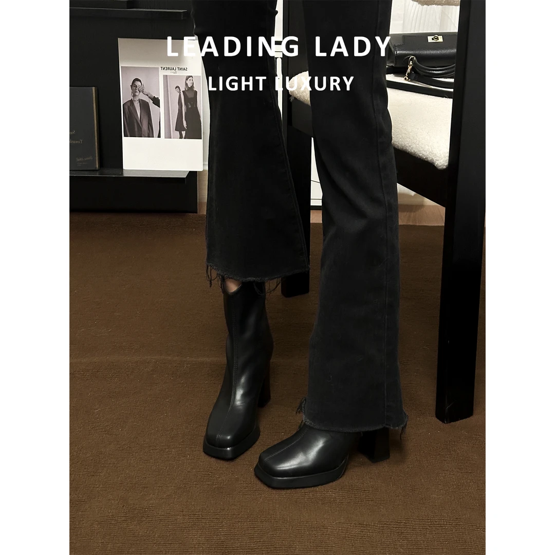 防水台高跟短靴女2025秋冬新款弹力方头粗跟小个子瘦瘦靴切尔西靴