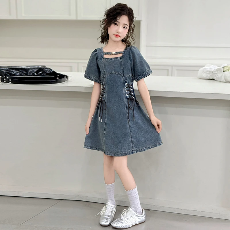 女童牛仔连衣裙2025夏装新款洋气女大童绑带收腰裙子儿童短袖薄款