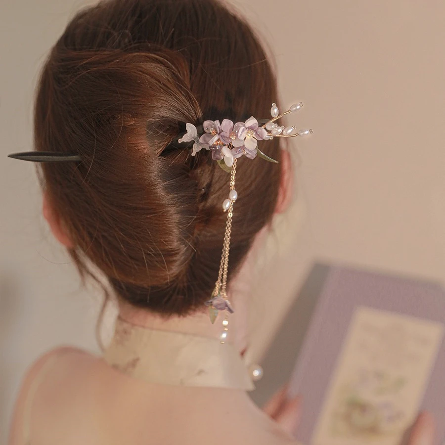 恬奇家z1072“紫藤花海”超仙发簪木质盘发簪子古风旗袍发钗新中式