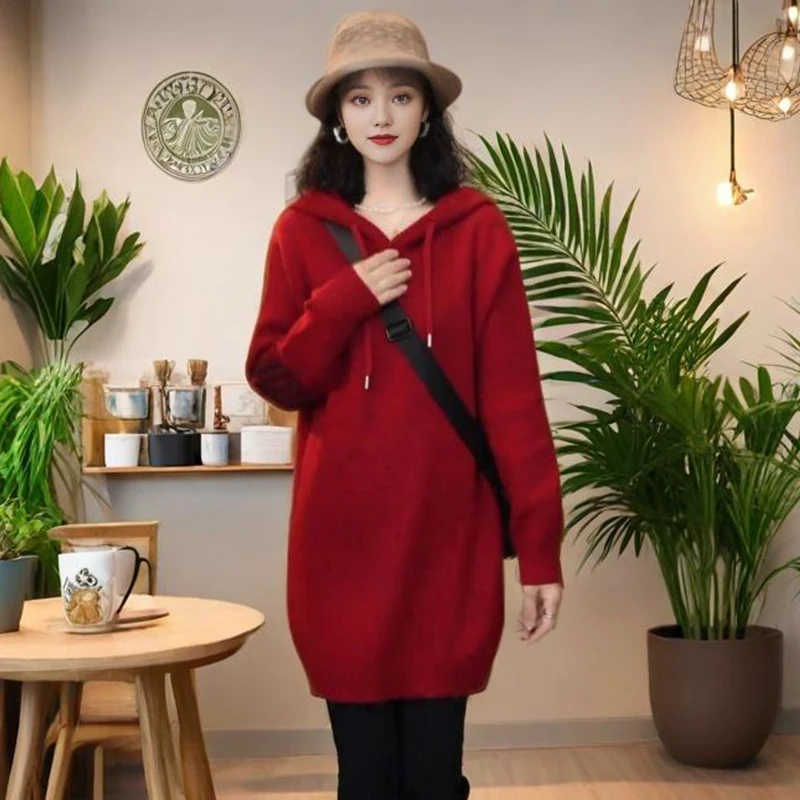 宽松连帽针织衫毛衣女2025年春秋新款气质休闲宽松显瘦中长款上衣