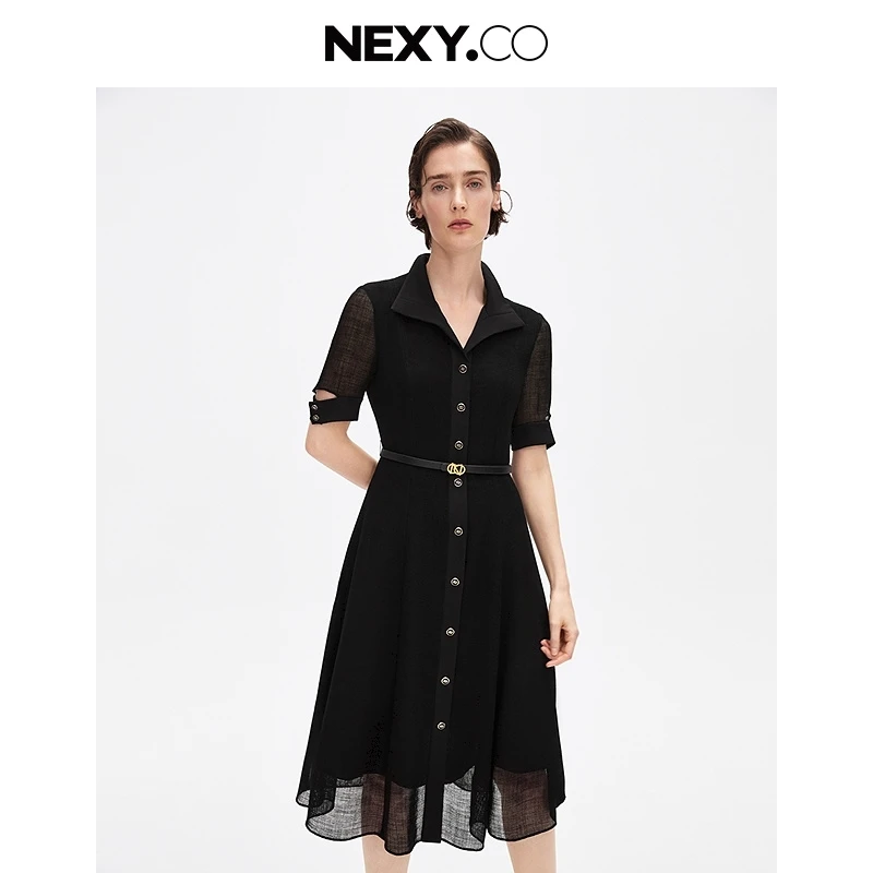 【商场同款】NEXY.CO/奈蔻气质时尚黑色收腰绞综连衣裙XF06008W0