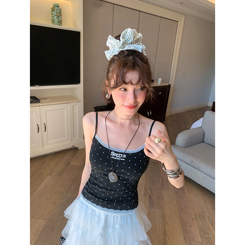 【小确幸】辣妹蕾丝边波点吊带背心性感外穿上衣4089