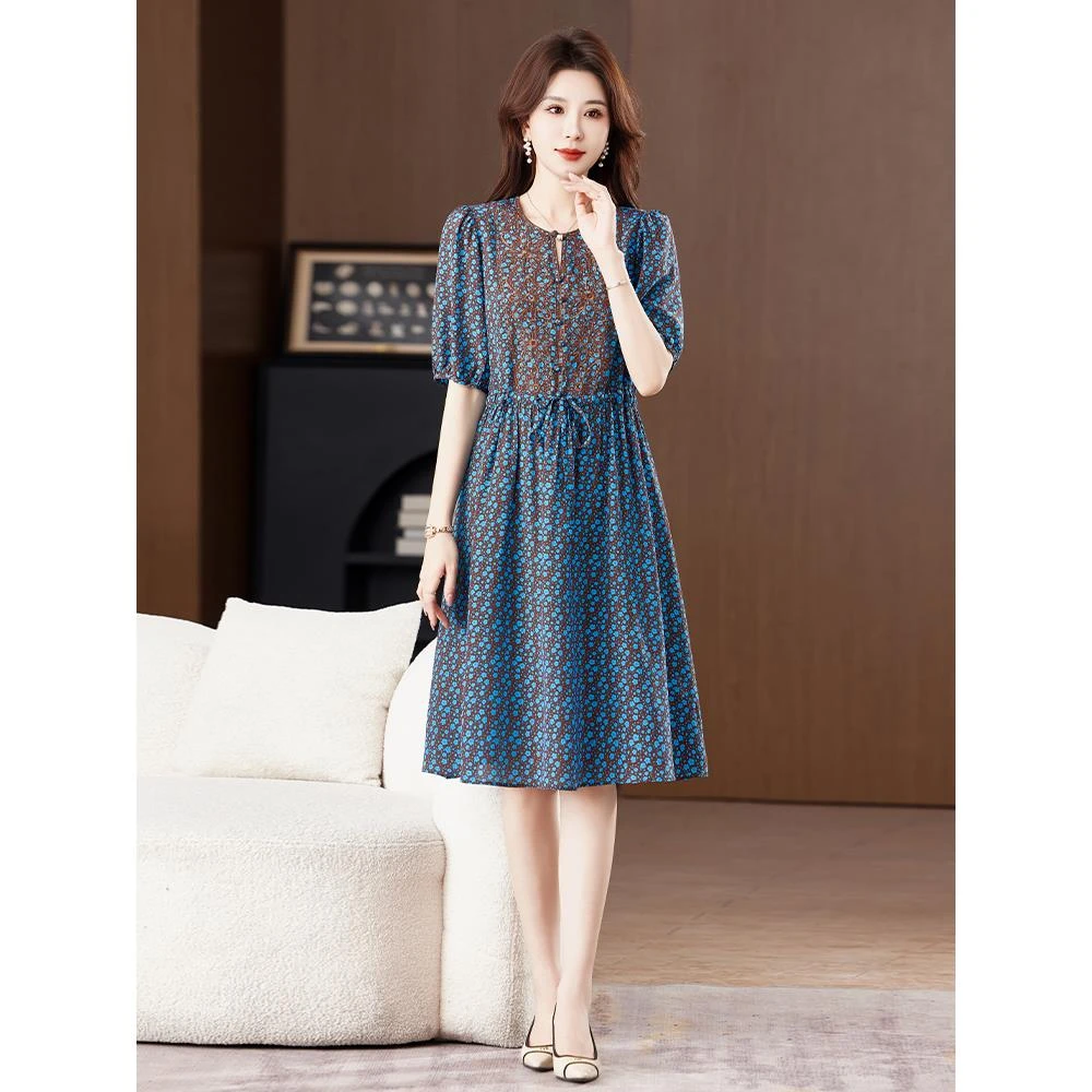 帛媛蓝色真丝连衣裙女蓝色新款2025春夏双绉桑蚕丝短袖系带夏