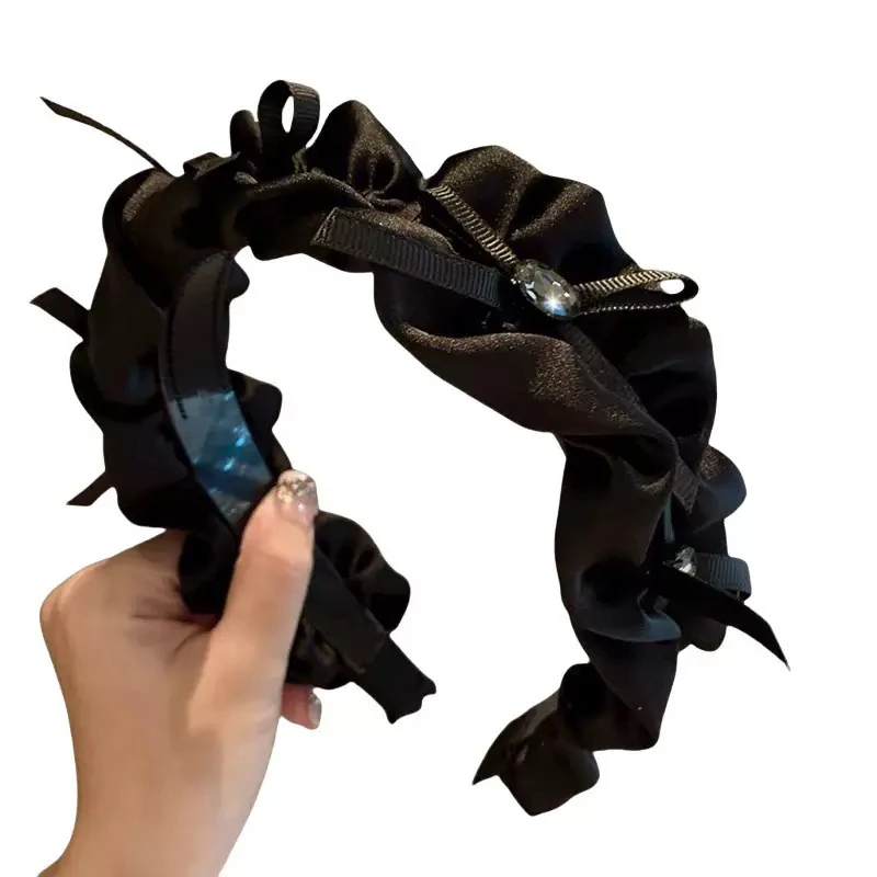 黑色复古锻带法式绸缎加宽荷叶边褶皱蝴蝶结暗黑蝴蝶发箍