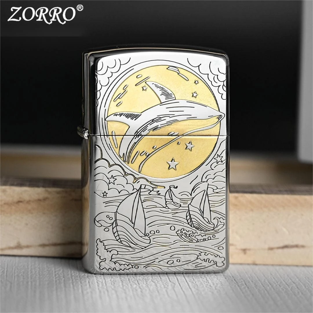 ZORRO佐罗双色梦幻鲸鱼防风打火机白镍经典节日礼物男士礼品双面
