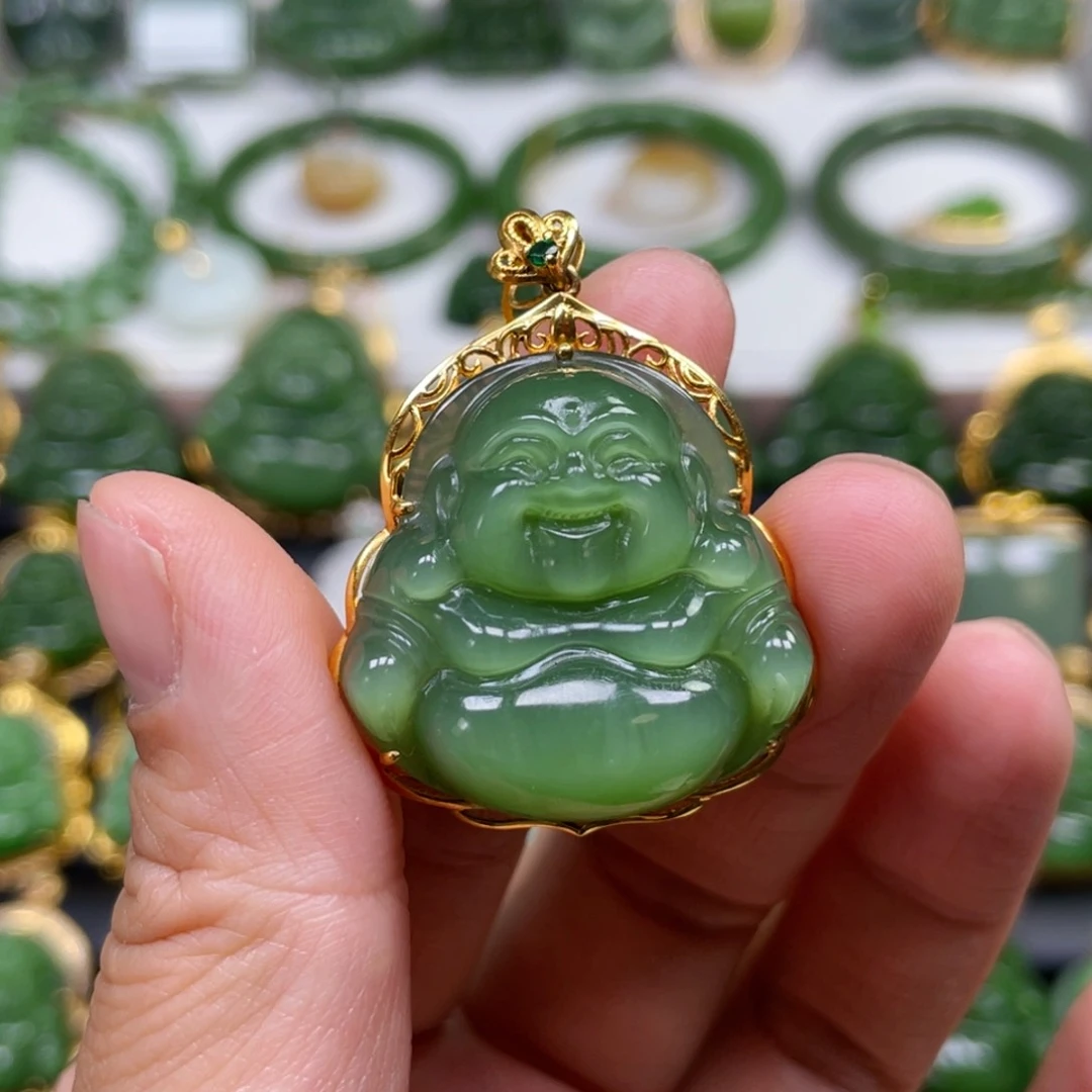和田玉（碧玉）18K金镶嵌吊坠(不含链)