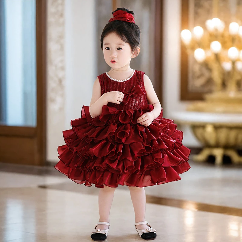 女童连衣裙夏季2025新款喜庆红色生日宴抓周公主裙周岁女宝宝裙子