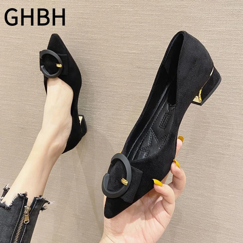 粗跟尖头单鞋2025春季新款仙女中跟晚晚温柔鞋黑色软底淑女高跟鞋