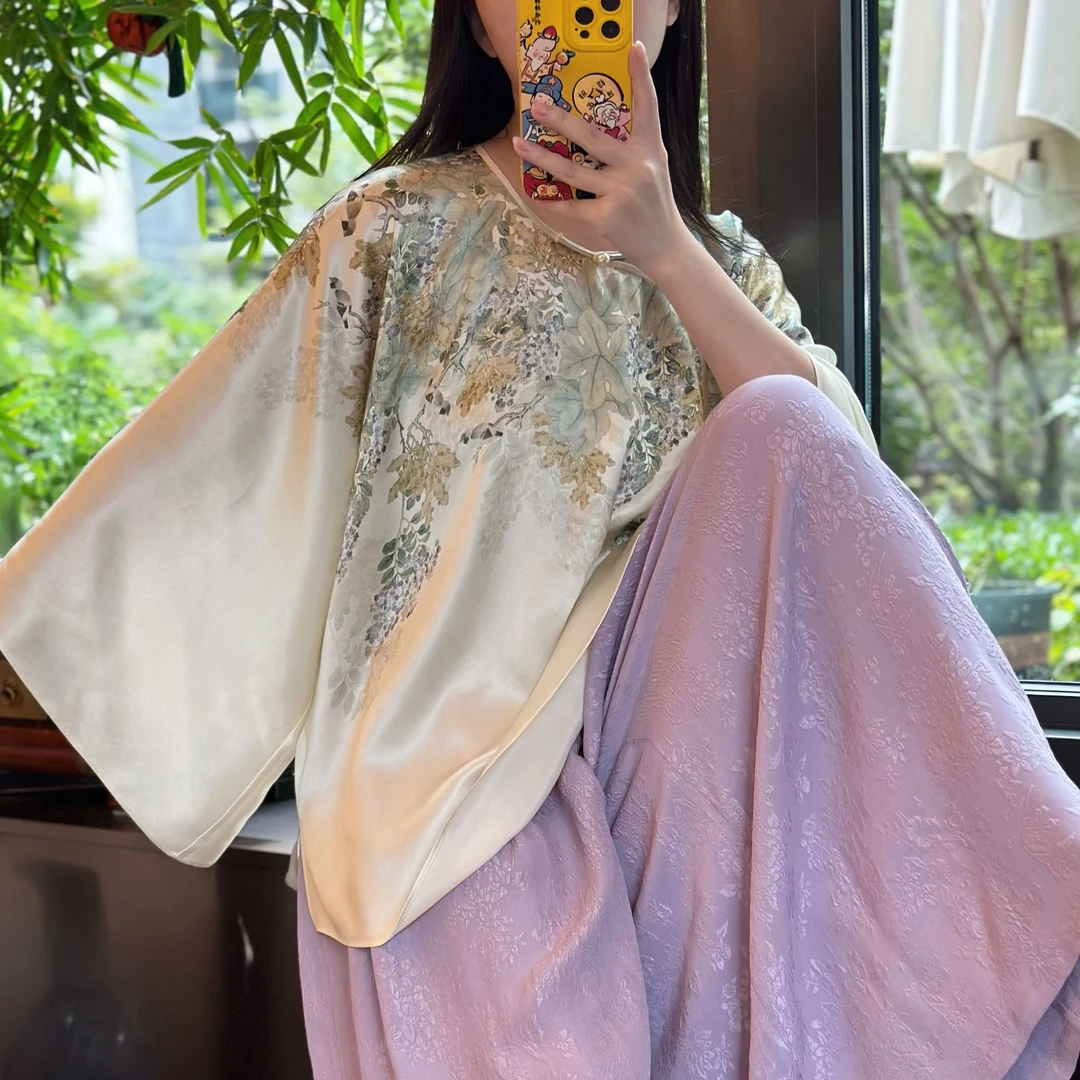 月下微凉  紫藤花开20姆米真丝定位花纹高奢斜襟古风上衣