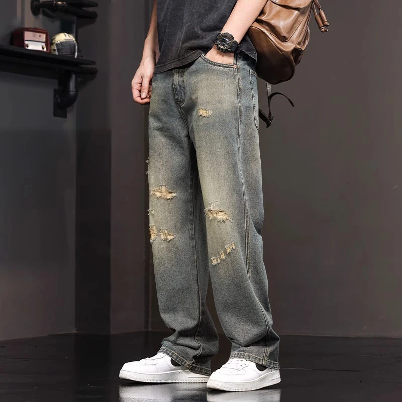 Cebrodz高端破洞牛仔裤男士2025夏季新款直筒宽松阔腿休闲长裤