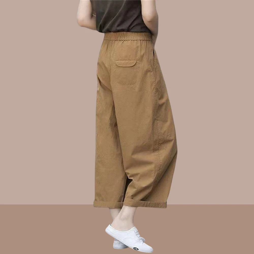 高腰阔腿裤女2025夏装新款宽松大码垂感休闲裤子卡其色九分直筒裤